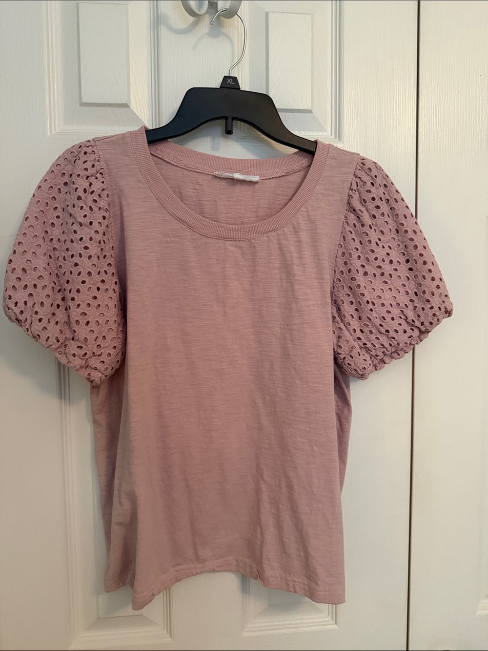 Jane and Delancey Puff Sleeve Eyelet Tee - Dusty Rose L